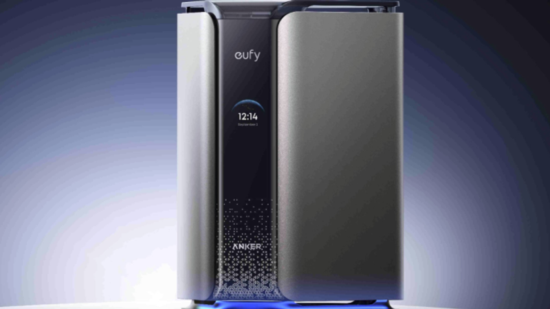 The image showcases a sleek, modern device from Eufy, featuring a digital display that shows the time as 12:14. The device is encased in a metallic housing with a clean, minimalistic design, set against a gradient background that enhances its futuristic appeal.