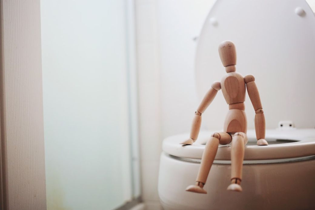 The image depicts a wooden mannequin seated on the rim of a toilet, with soft lighting and a simple bathroom backdrop. The setting suggests a light-hearted or whimsical take on everyday life. — Credit: Photo by Giorgio Trovato on Unsplash