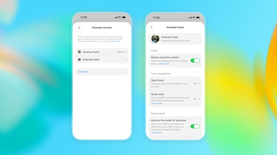 The image depicts two smartphone screens displaying parental control settings. The left screen shows options to add a child under parental controls, while the right screen provides settings for a user named Amanda Foster, including features related to safety and time management.
