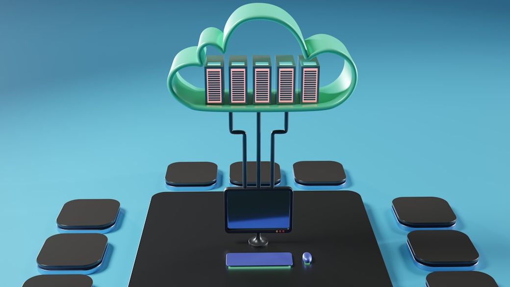 The image features a stylized illustration of a cloud structure hovering above a group of servers and a computer setup. The design emphasizes digital technology and cloud computing with vibrant colors and a futuristic aesthetic. — Credit: Photo by Growtika on Unsplash