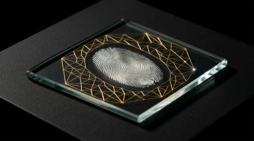 The image features a small square glass plate displaying a clear human fingerprint pressed onto its polished surface. Surrounding the fingerprint is a geometric pattern of fine gold lines that trace a mesh design, resembling circuitry and emphasizing the themes of biometric identity and digital representation.