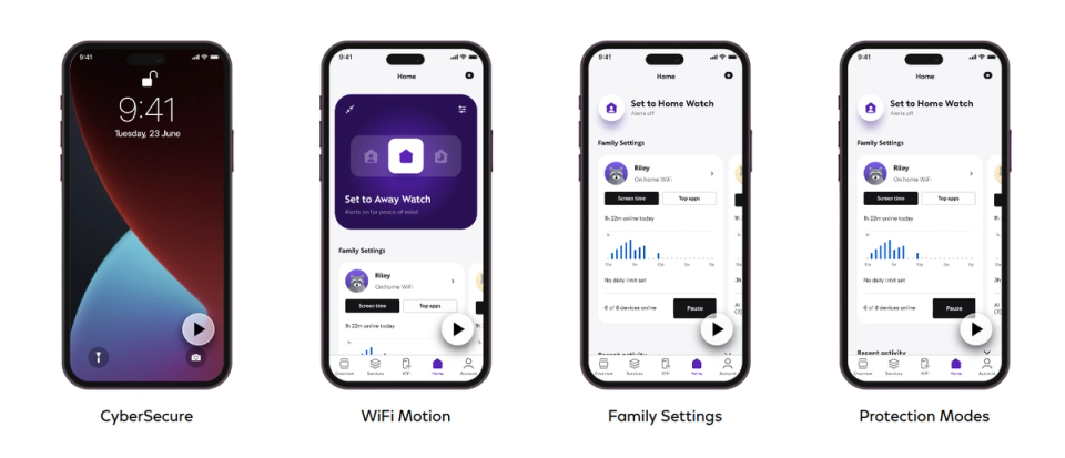 The image features four smartphone screens displaying an application interface related to cybersecurity settings. Each screen shows various features like WiFi motion detection and family settings, suggesting a focus on user customization and protection.