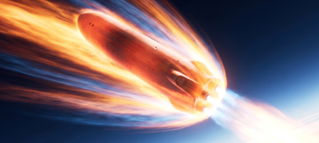 The image depicts a rocket soaring through a dark blue sky, surrounded by fiery exhaust trails that suggest high-speed ascent. This visual emphasizes themes of aerospace technology and innovation, aligning with the editorial focus on Hop Aero's advancements in the aviation sector.