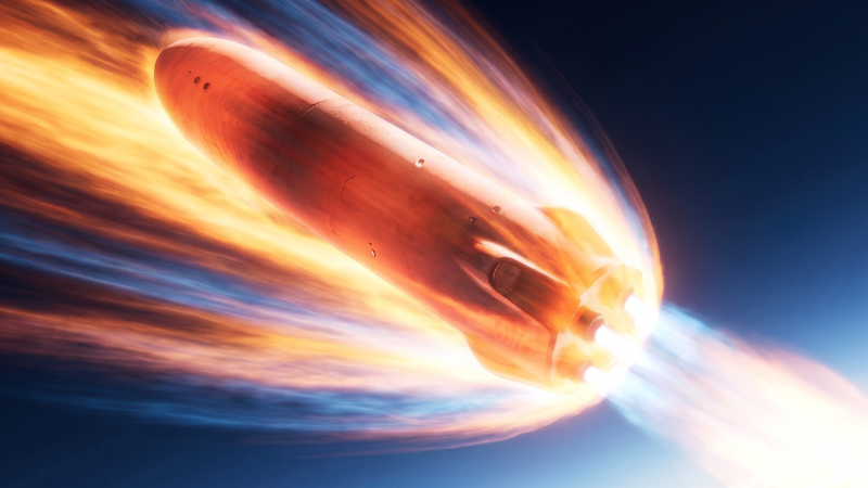 The image depicts a rocket soaring through a dark blue sky, surrounded by fiery exhaust trails that suggest high-speed ascent. This visual emphasizes themes of aerospace technology and innovation, aligning with the editorial focus on Hop Aero's advancements in the aviation sector.