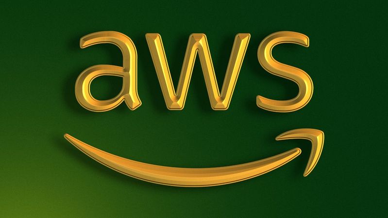 The image features the Amazon Web Services (AWS) logo, prominently displayed with a green background. The logo includes the letters 'aws' in a yellowish hue, accompanied by a curved arrow resembling a smile, symbolizing Amazon's customer-focused approach.