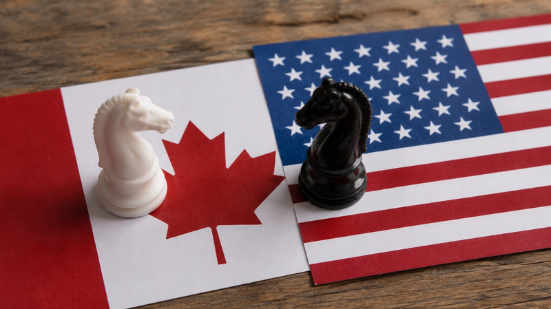 The image features a white chess piece and a black chess piece positioned on top of Canadian and American flags. The chess pieces symbolize strategy, while the flags represent the two countries.