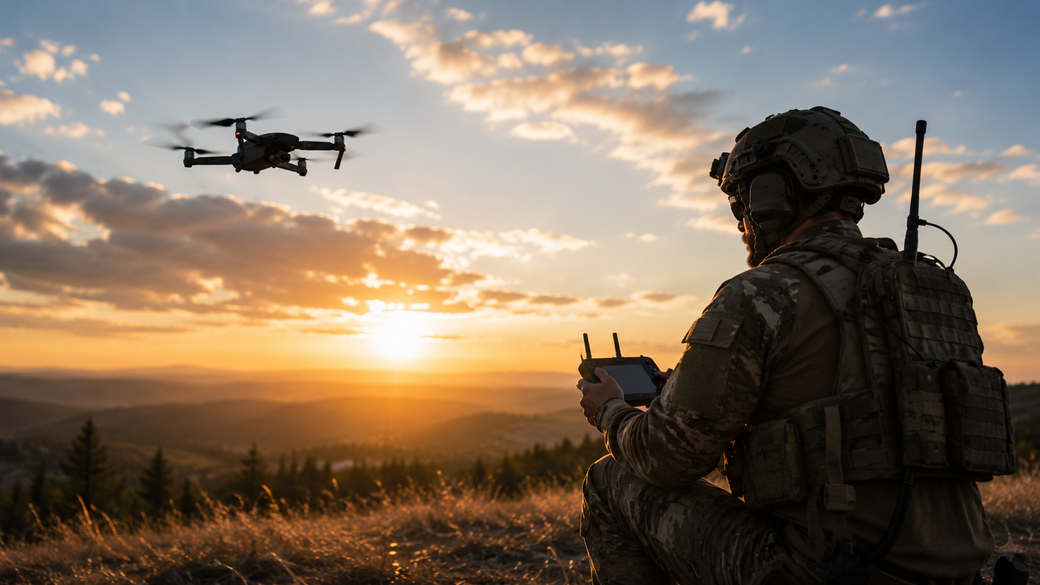 A military personnel operates a drone during sunset in a hilly landscape. The soldier is seated on the ground, focusing on the drone as it flies overhead against a backdrop of a vibrant sky.
