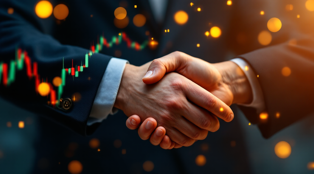 The image depicts two individuals engaging in a handshake, symbolizing a business agreement or partnership. In the background, a stock market graph is visible, emphasizing the financial context of the interaction.
