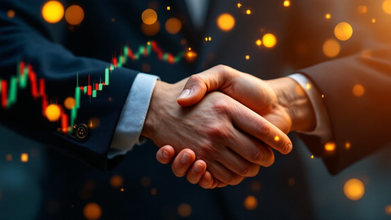 The image depicts two individuals engaging in a handshake, symbolizing a business agreement or partnership. In the background, a stock market graph is visible, emphasizing the financial context of the interaction.