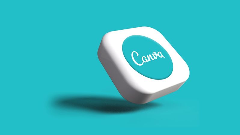 The image features a 3D representation of a logo for Canva, set against a vibrant turquoise background. The logo appears to be a round, white button with 'Canva' elegantly written in a stylized font.