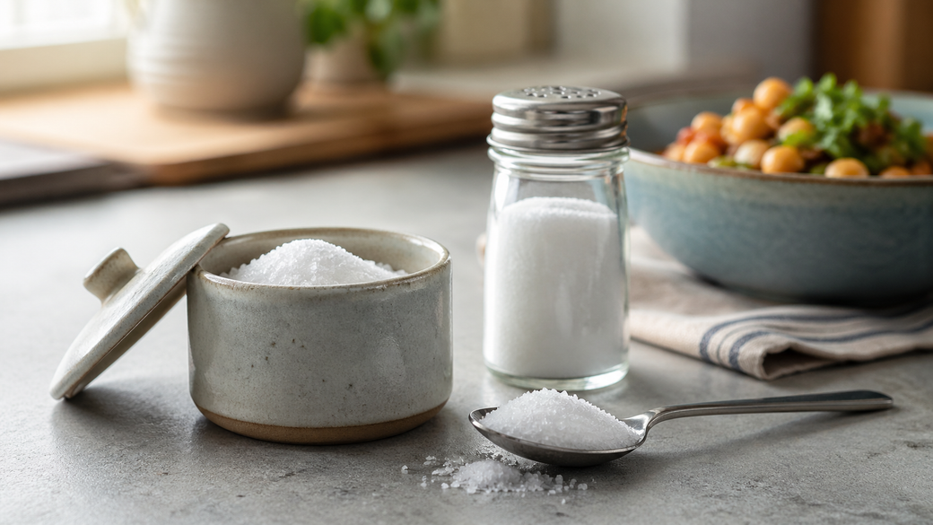 The image features a kitchen countertop with a pale ceramic container filled with salt, a glass salt shaker, and a silver spoon resting on the surface. In the background, a bowl of salad with chickpeas and fresh herbs is partially visible.
