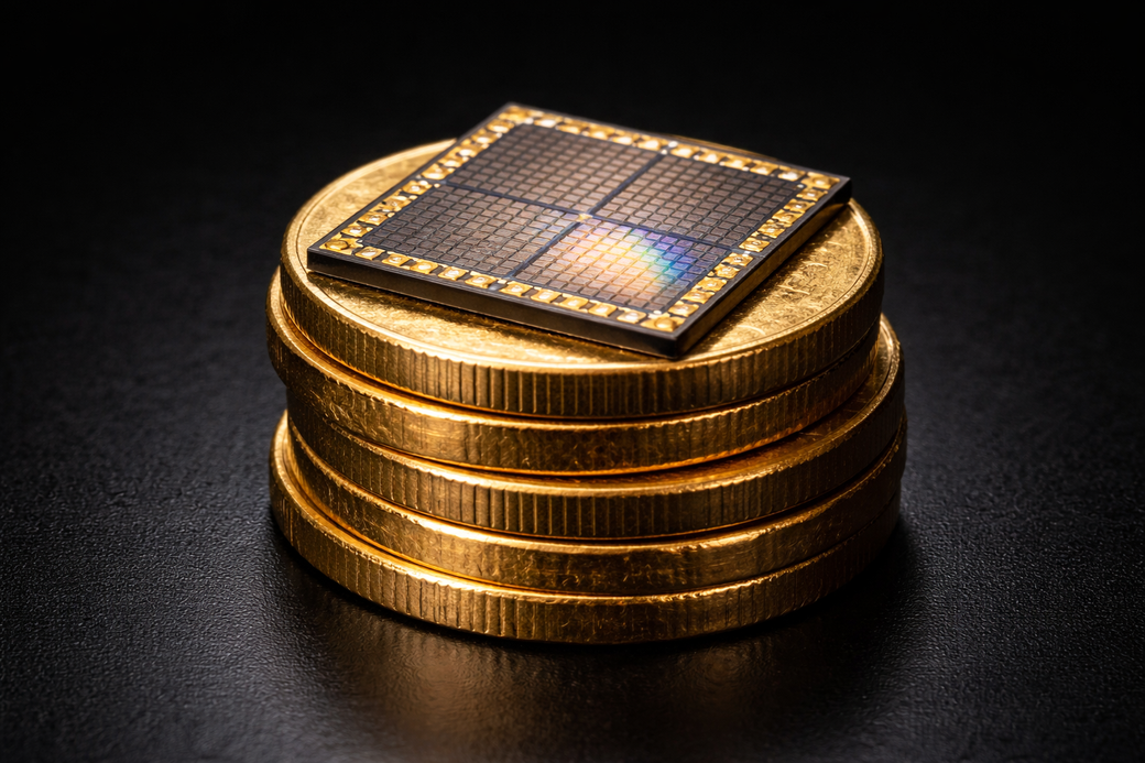 The image features a close-up of a semiconductor chip placed on a stack of gold coins. This composition visually symbolizes the intersection of technology and finance, highlighting the value of technological advancements.