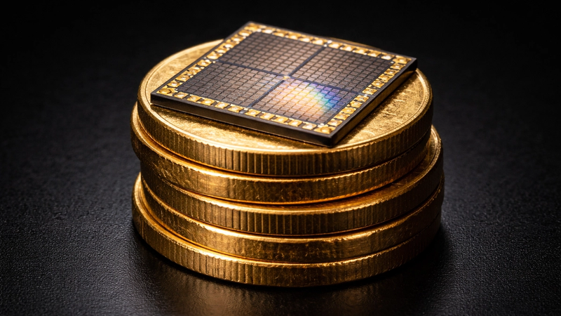 The image features a close-up of a semiconductor chip placed on a stack of gold coins. This composition visually symbolizes the intersection of technology and finance, highlighting the value of technological advancements.