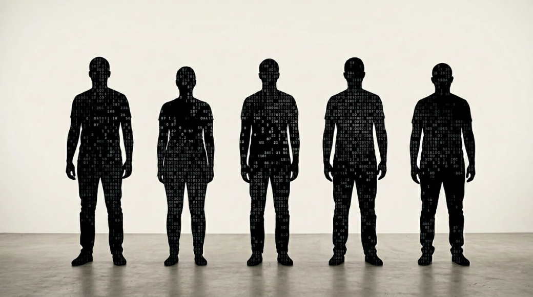 The image features a lineup of five anonymous human silhouettes standing side by side against a pale off-white backdrop. Each figure is filled with a texture composed of alphanumeric characters in varying densities, creating an abstract representation of identity reduced to data, with no identifiable features or emotions demonstrated.