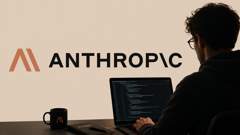 A person is seated at a desk, engaged in coding on a computer. The backdrop features a prominent logo of 'Anthropic', indicating a tech-focused environment.