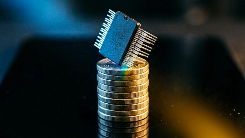 An abstract close-up photograph featuring a microchip balanced precariously on its edge atop a vertical stack of British one-pound coins. The cool blue light enhances the chip's matte black surface, while warm gold tones reflect off the edges of the coins, suggesting a juxtaposition of technology and capital in a clean, modern composition.