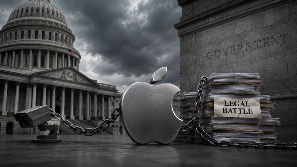 The image depicts a large Apple logo chained to a pile of documents labeled 'LEGAL BATTLE' in front of the United States Capitol building, set against a dramatic overcast sky. The scene symbolizes corporate legal issues in connection with government scrutiny.