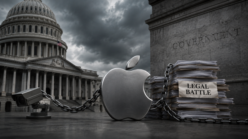 The image depicts a large Apple logo chained to a pile of documents labeled 'LEGAL BATTLE' in front of the United States Capitol building, set against a dramatic overcast sky. The scene symbolizes corporate legal issues in connection with government scrutiny.