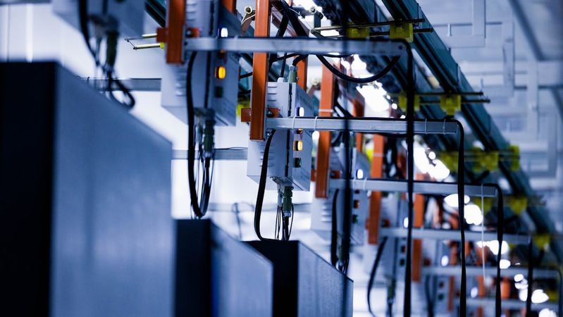 The image showcases a close-up view of machinery equipped with various components and cables, likely used in a manufacturing or industrial setting. The focused lighting and intricate design highlight the complexity of the equipment.