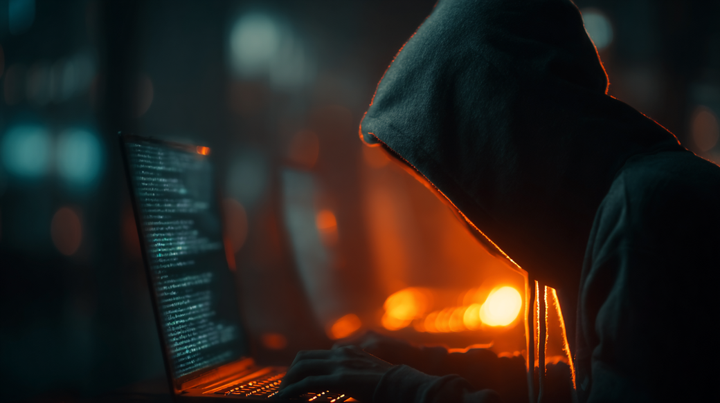 The image depicts a hooded figure focusing intently on a laptop screen in a dimly lit environment. The glow from the screen and background lights creates a dramatic contrast, suggesting themes of secrecy and technology.