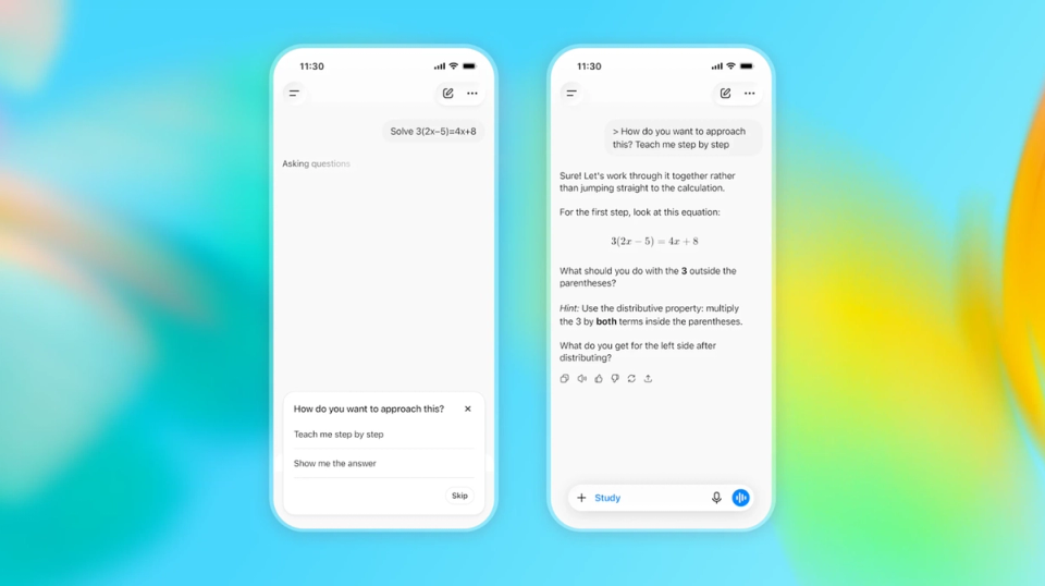 The image features two smartphone screens displaying an educational app interface designed for learning mathematics. The screens show a question prompt asking for problem-solving approaches and hints for using mathematical properties.