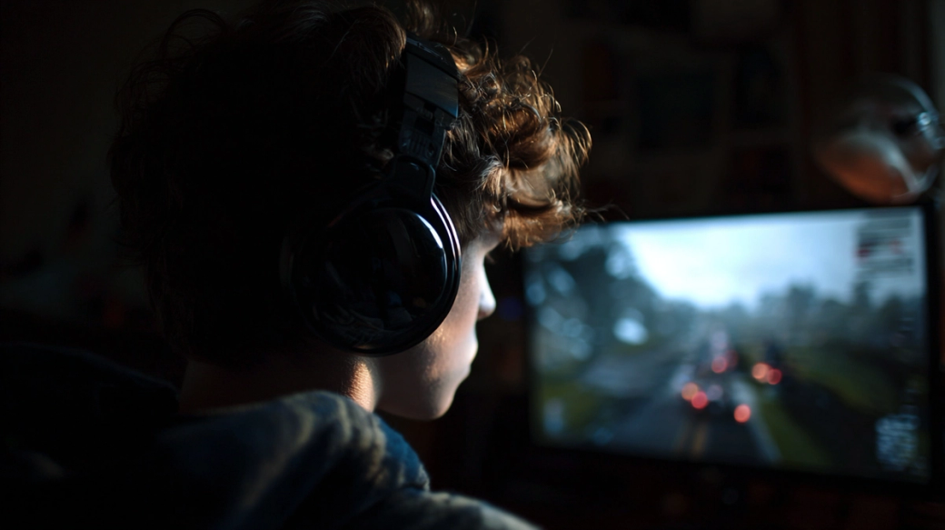 A young person is engaged in gaming while wearing headphones, with a computer screen displaying a high-visual quality video game. The lighting creates a focused atmosphere, highlighting the intensity of the gaming experience.