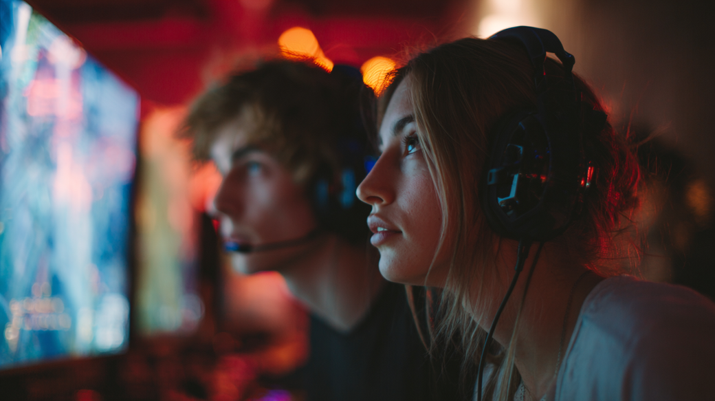 Two young individuals are intensely focused on gaming, wearing headsets in a dimly lit environment that features colorful lighting from computer screens. The scene captures the excitement and concentration typical of a competitive gaming setting.