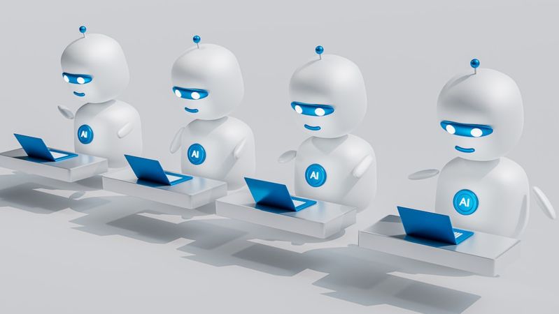The image features four stylized robots sitting at desks with laptops. Each robot has an illuminated 'AI' symbol on their chest and is engaging with the laptops in front of them, suggesting a focus on artificial intelligence and technology.