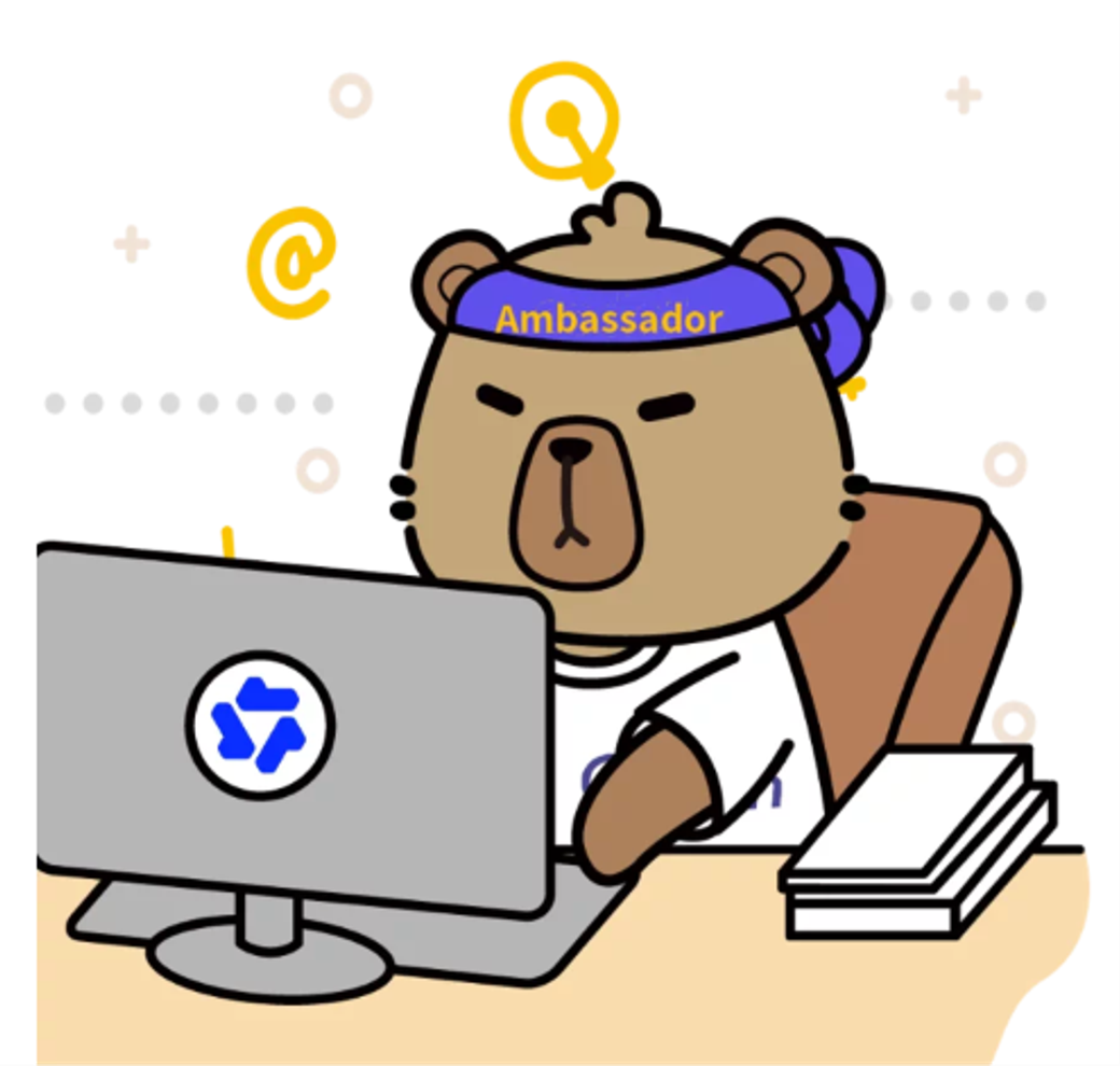 The image features a cartoon bear character wearing a headband labeled 'Ambassador' and typing at a desk with a computer. The bear appears focused as it engages in an online activity, indicating a role related to communication or representation in a digital context.