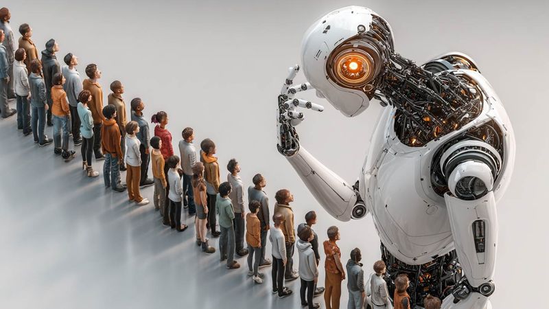 The image depicts a large humanoid robot standing in front of a line of diverse people. The robot, with intricate mechanical details and an illuminated eye, appears to be contemplating or examining the humans before it.