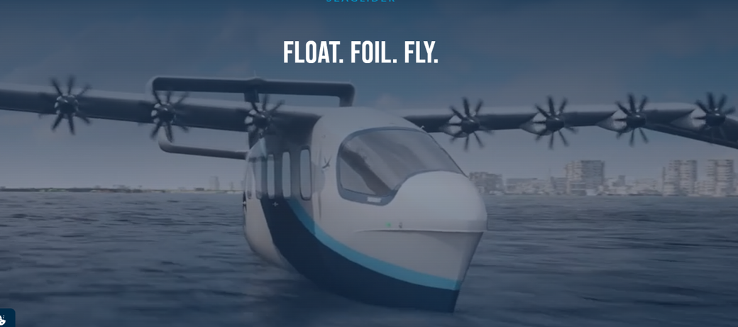 The image shows a futuristic seaglider designed for transportation over water. It features a sleek, aerodynamic body and multiple propeller-like wings, suggesting an innovative approach to marine travel.