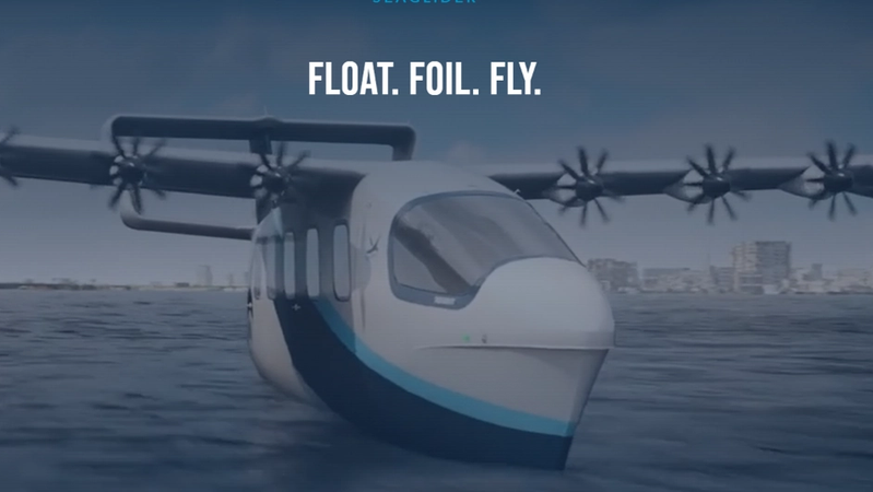 The image shows a futuristic seaglider designed for transportation over water. It features a sleek, aerodynamic body and multiple propeller-like wings, suggesting an innovative approach to marine travel.