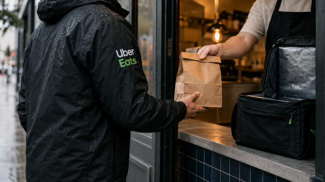 A delivery person wearing an Uber Eats jacket hands over a paper bag of food at a restaurant counter. The scene captures a typical food delivery interaction during a rainy day.