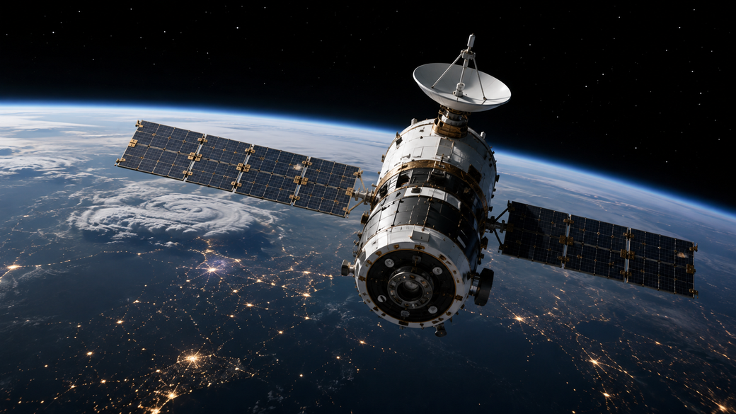 The image depicts a satellite orbiting Earth, showcasing its solar panels extended outward and a large communication dish atop. The backdrop features the curvature of the planet and a view of city lights illuminated at night, adding to the sense of technological advancement and global connectivity related to space exploration.