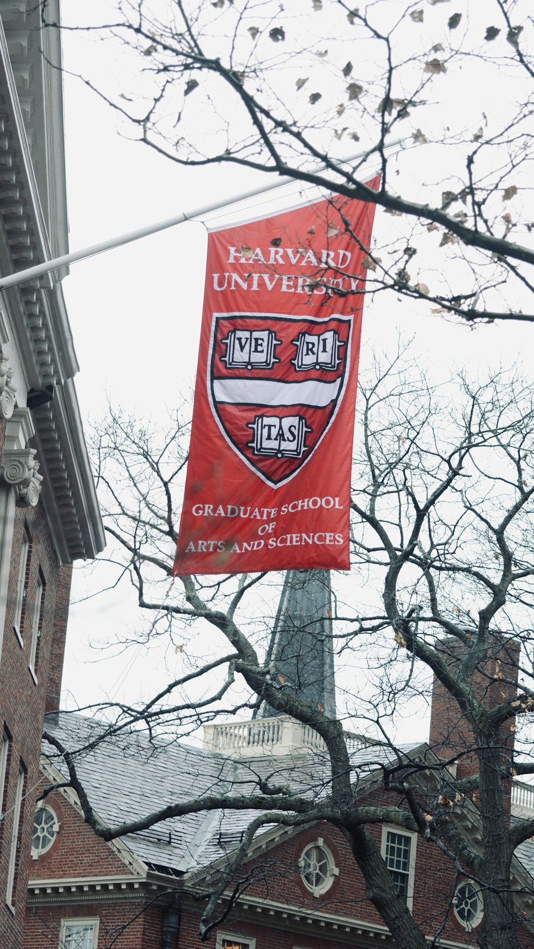 A banner for Harvard University hangs prominently from a building, showcasing the university's crest. The banner also indicates the Graduate School of Arts and Sciences. — Credit: Photo by Manu Ros on Unsplash