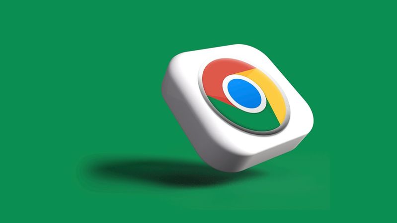The image features a 3D representation of the Google Chrome logo, which appears to be floating against a vibrant green background. The logo is stylized in a glossy finish, emphasizing its colors and design.