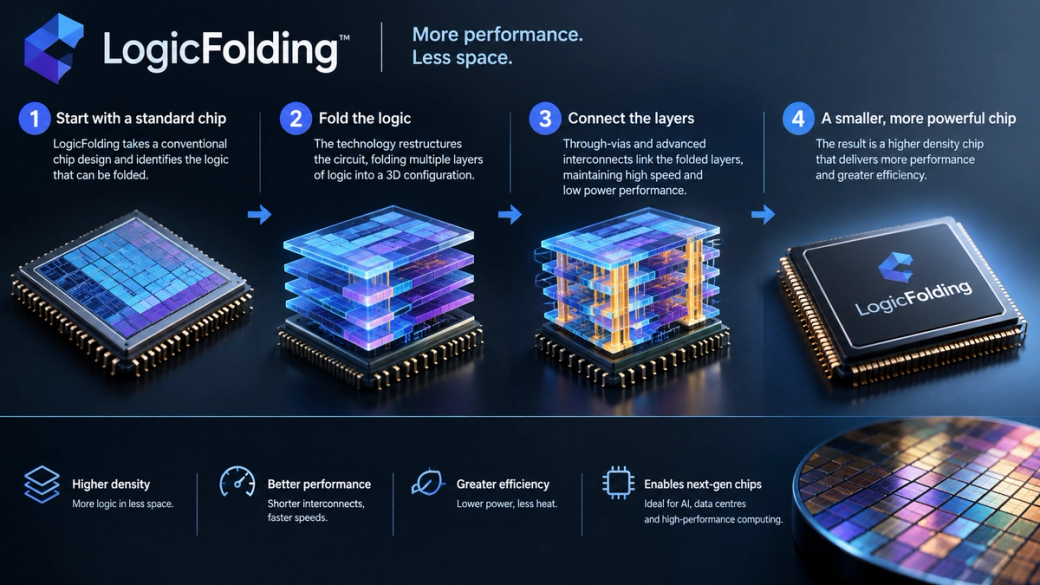 The image showcases a visually detailed illustration of the LogicFolding technology, depicting the process of chip design and functionality. It features a series of layers being folded to enhance performance, emphasizing the innovative aspects of modern chip design.