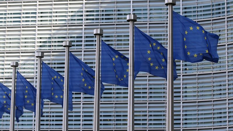 The image features the flags of the European Union displayed prominently outside a modern building. The flags are arranged in a row, fluttering in the breeze against a backdrop of contemporary architecture.