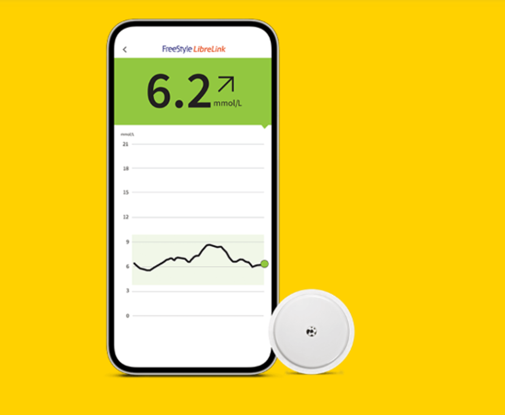 The image shows a smartphone displaying the FreeStyle LibreLink application interface, which indicates a blood glucose level of 6.2 mmol/L. Next to the phone is a glucose monitoring sensor, set against a bright yellow background.