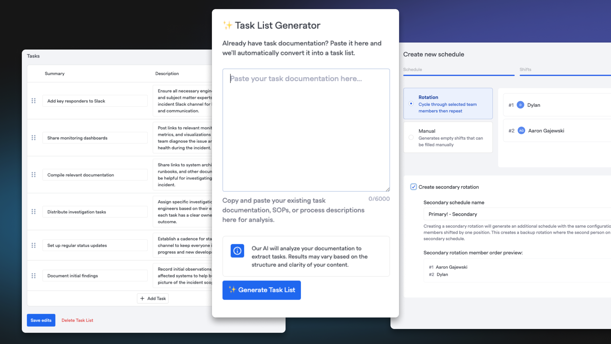 ✨AI Generated Task Lists, Easy-to-Configure Secondary On-Call Schedules, Liquid Variables for Slack Channel invites, and SO much more!