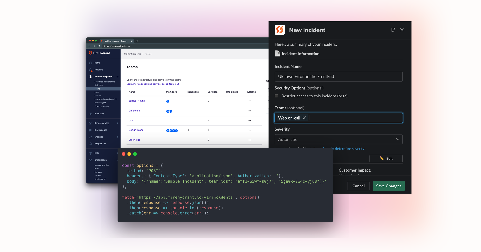 Assign Teams when Declaring an Incident, Get On-Call Schedules for Functionalities