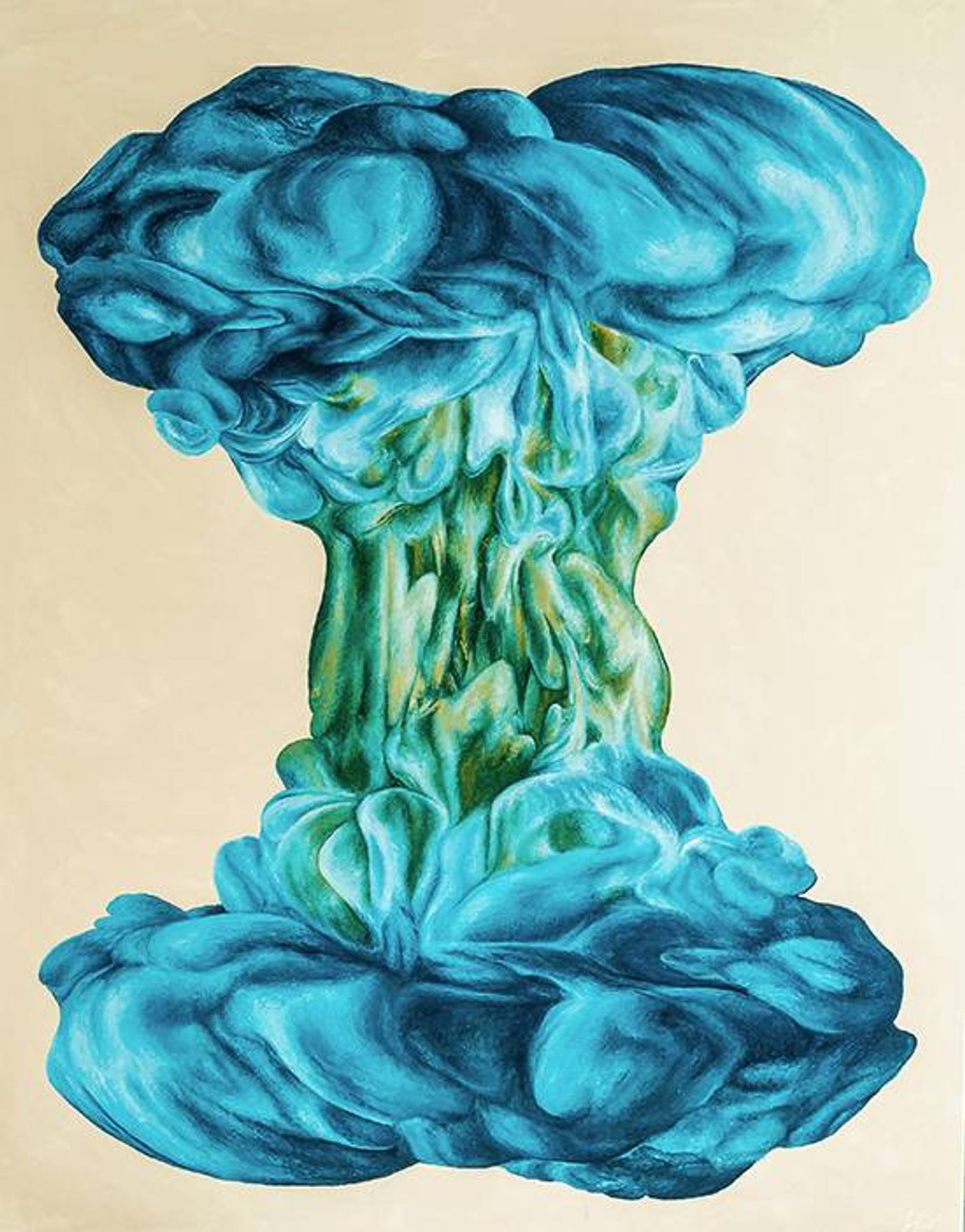 Painting Reflection is Needed for Prevention, a turquoise ink-cloud column billowing at top and bottom