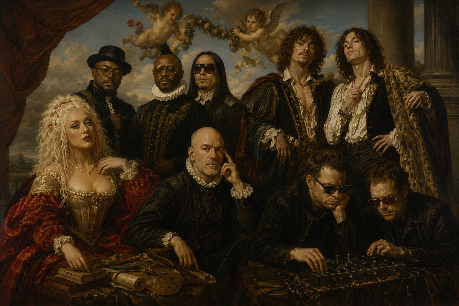 Renaissance-style portrait of Christina Aguilera, Michael Stipe, the Black Eyed Peas, The Darkness and the Chemical Brothers in ruffs and velvet beneath cherubs