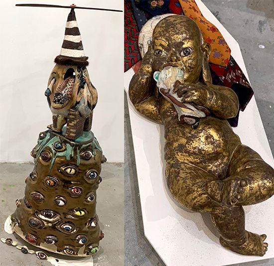 Two Skuja Braden ceramics: an eye-studded conical figure and a gilded porcelain baby