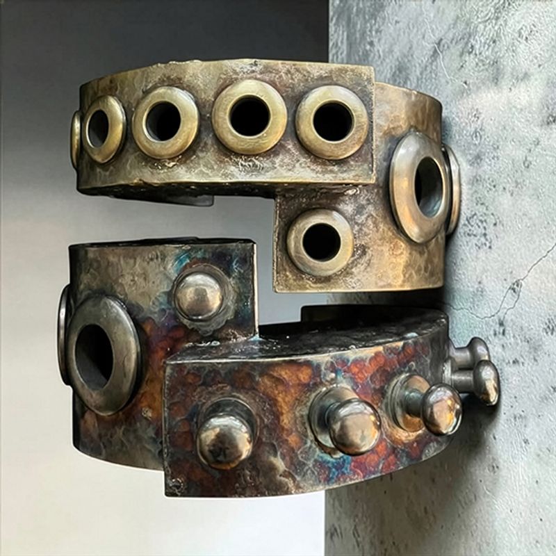 Interlocking modular cuffs by Michelline Syjuco in oxidized silver and bronze, studded with grommets and rivets