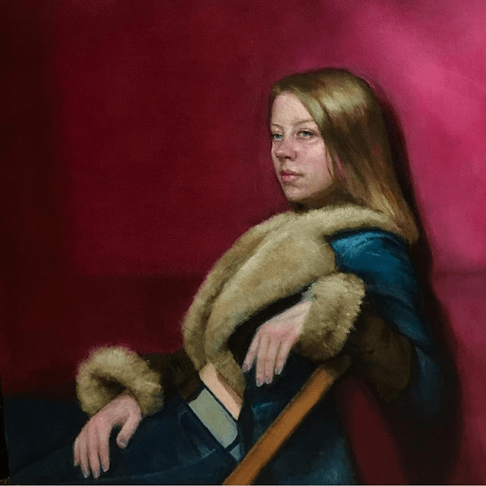 Painting titled Russian Beauty portraying a blonde woman in a fur-trimmed jacket looking off-camera against a red background