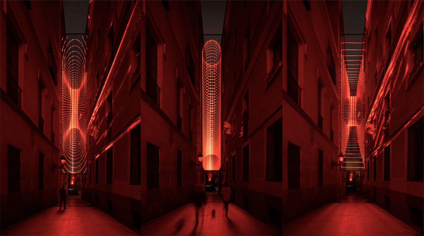 A building facade in Madrid covered in glowing green binary code in SpY’s installation “Data”
