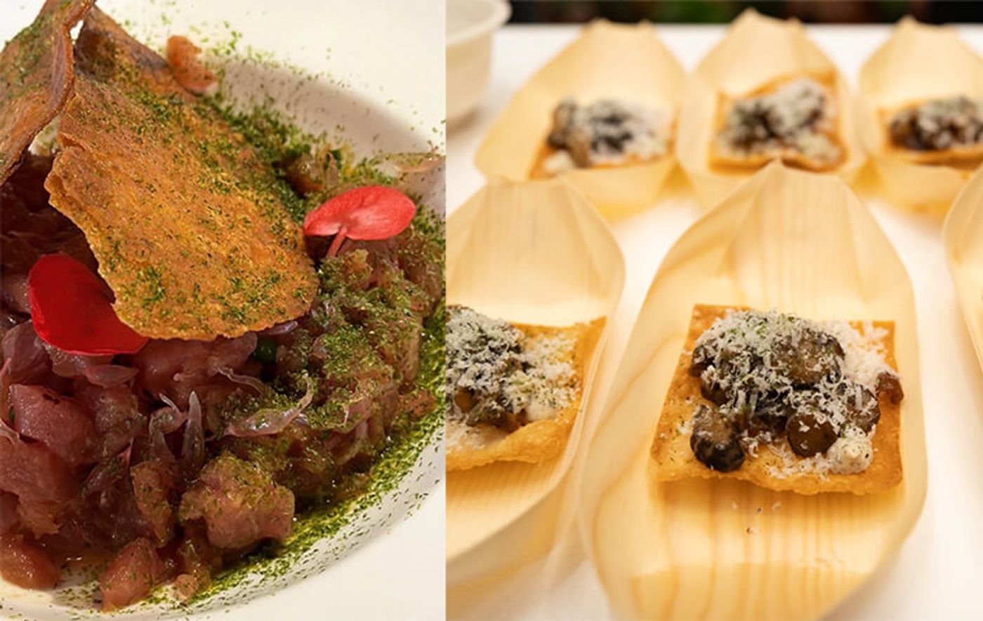 Two Lazy Suzy dishes: a tartare with a herbed crisp, and MSG crisps topped with shiitake mushrooms and grated gorgonzola on wooden holders
