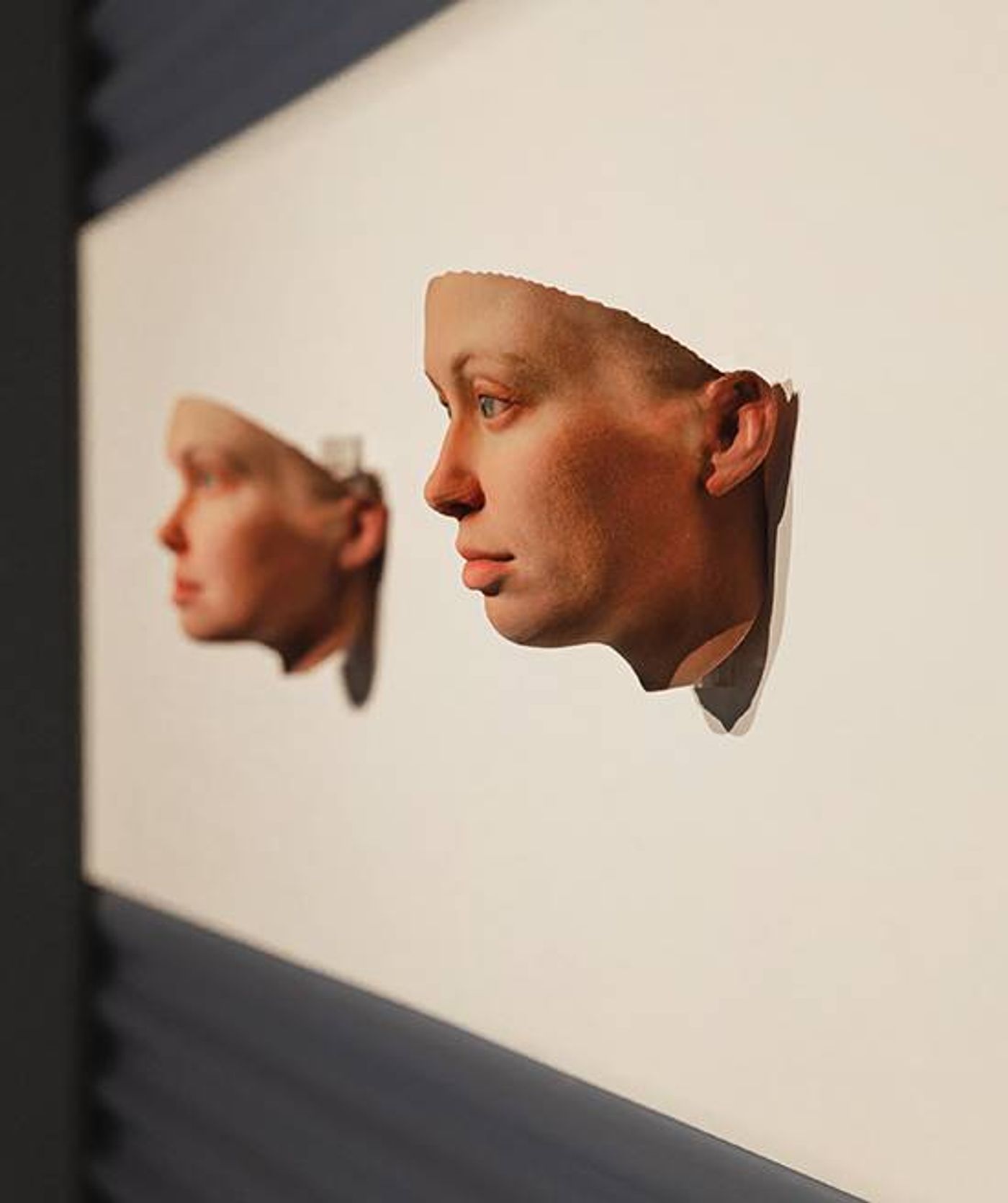 Two lifelike 3D-printed face fragments in profile, mounted on a white panel in Heather Dewey-Hagborg’s work