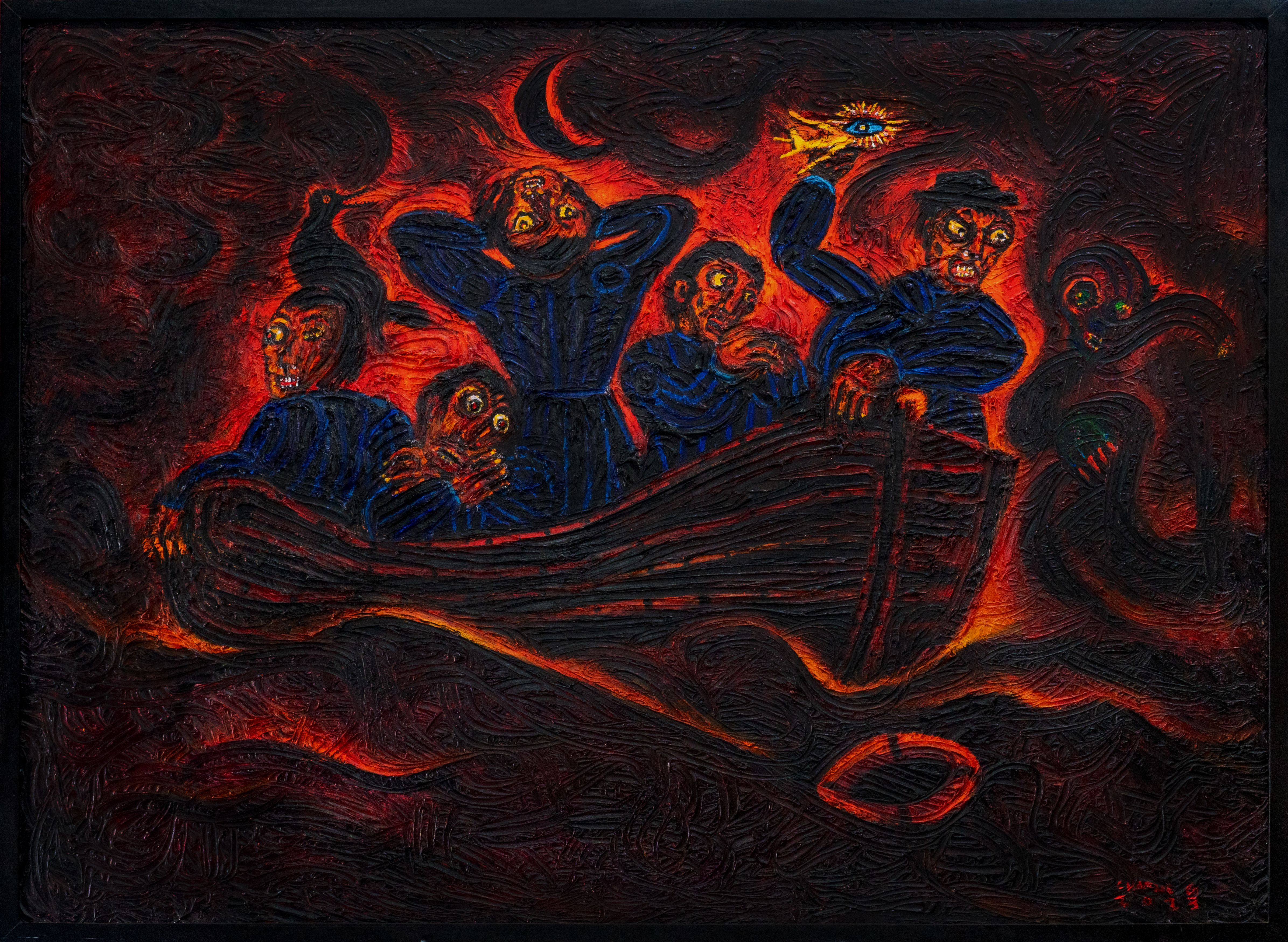 Charlie Co painting of anguished figures in blue crowded into a boat on a fiery red impasto sea beneath a black crescent moon